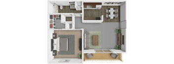 A top-down view of a modern apartment layout with a living room, kitchen, and bedroom.