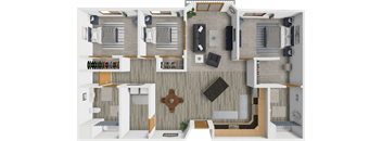 A 3D floor plan of a house with a kitchen, living room, and bedrooms.