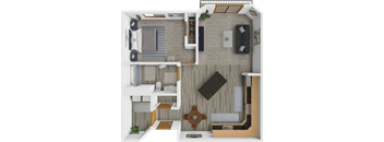 A top-down view of a modern apartment layout with a living room, kitchen, and bedroom.