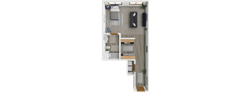 A top-down view of a small apartment with a kitchen, living room, and bathroom.