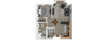 A 3D floor plan of a small apartment with a kitchen, living room, and bathroom.