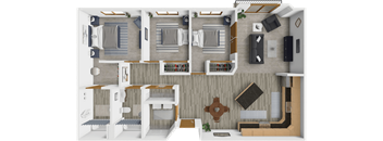 A top-down view of a house layout with two bedrooms, a living room, a kitchen, and a bathroom.