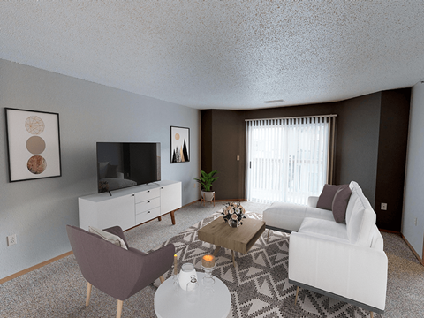 A living room with a white couch, a brown chair, a coffee table, and a television.