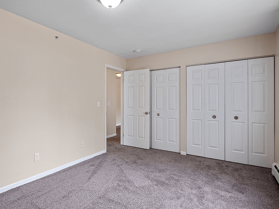 a bedroom with two closets and a carpeted floor