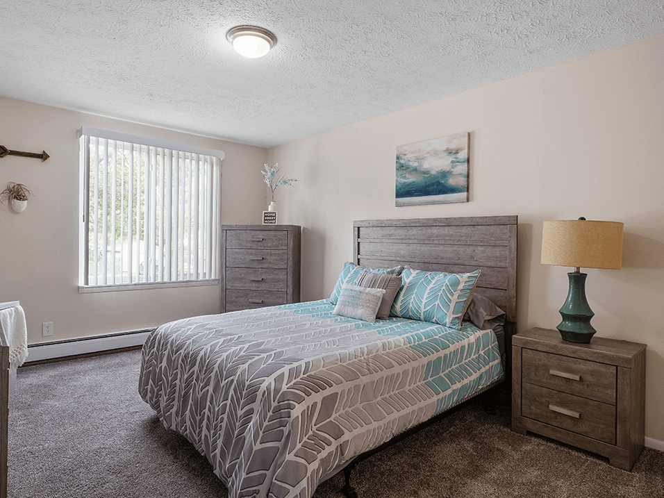 a bedroom with a bed and dresser