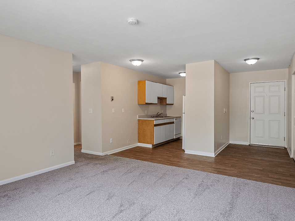 a living room with a kitchen in the background