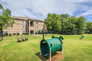 A green tube-like structure with cutouts in the shape of a dog's head is in the foreground of a grassy area.