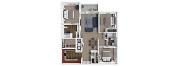A top-down view of a large 3 bedroom apartment layout with a kitchen, living room, and 3 bedrooms.