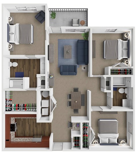 A top-down view of a large 3 bedroom apartment layout with a kitchen, living room, and 3 bedrooms.
