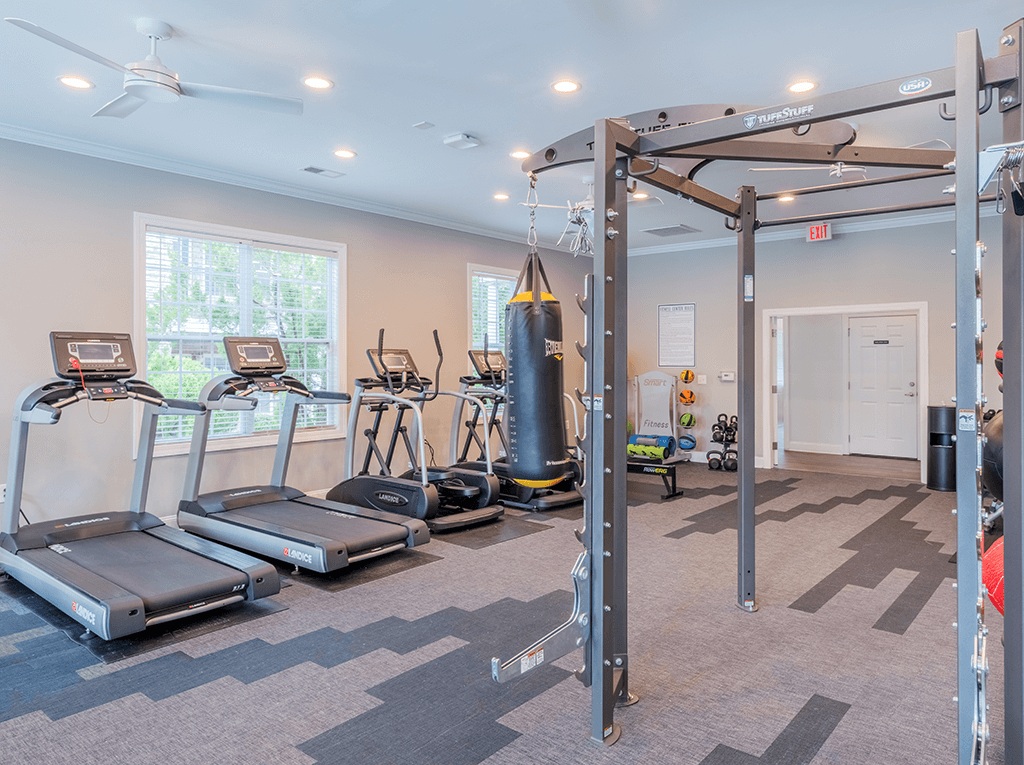 A gym with treadmills, a punching bag, and a pull-up bar.