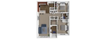A 3D floor plan of a 2 bedroom apartment showing a kitchen, living room, and two bedrooms.