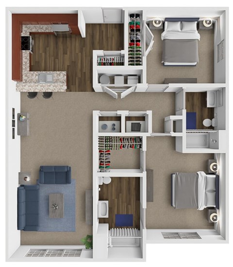 A 3D floor plan of a 2 bedroom apartment showing a kitchen, living room, and two bedrooms.