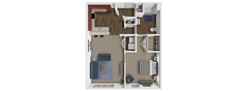 A 3D floor plan of a small 1 bedroom apartment with a kitchen, living room, and bedroom.