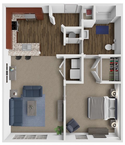 A 3D floor plan of a small 1 bedroom apartment with a kitchen, living room, and bedroom.