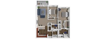 A 3D floor plan of a small 2 bedroom apartment with a kitchen, living room, and couple bedrooms.