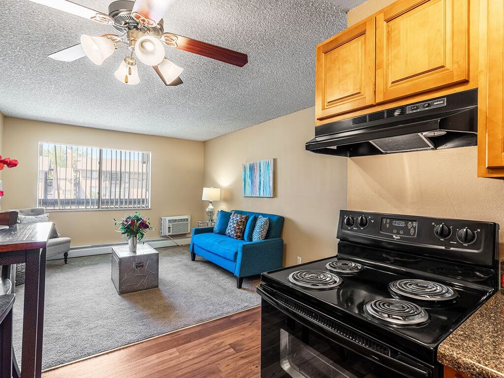 A living room with a blue couch and a black stove.