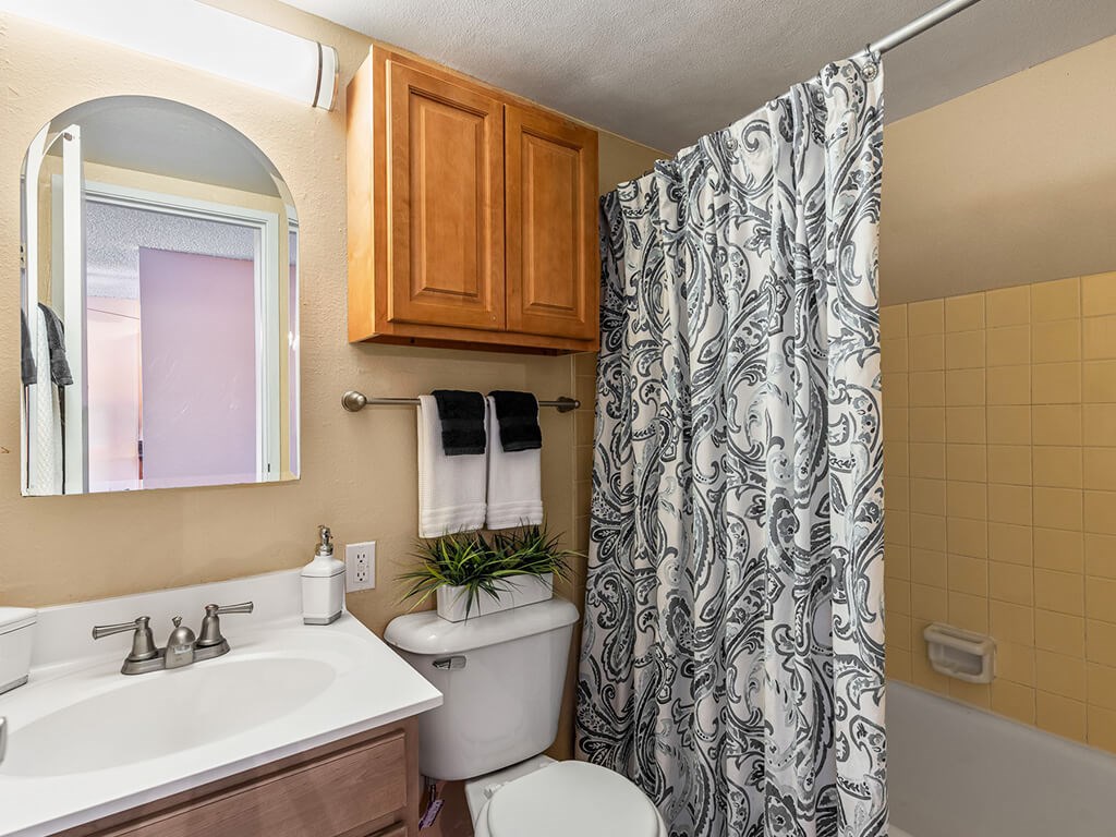 A bathroom with a white toilet, sink, and shower curtain.