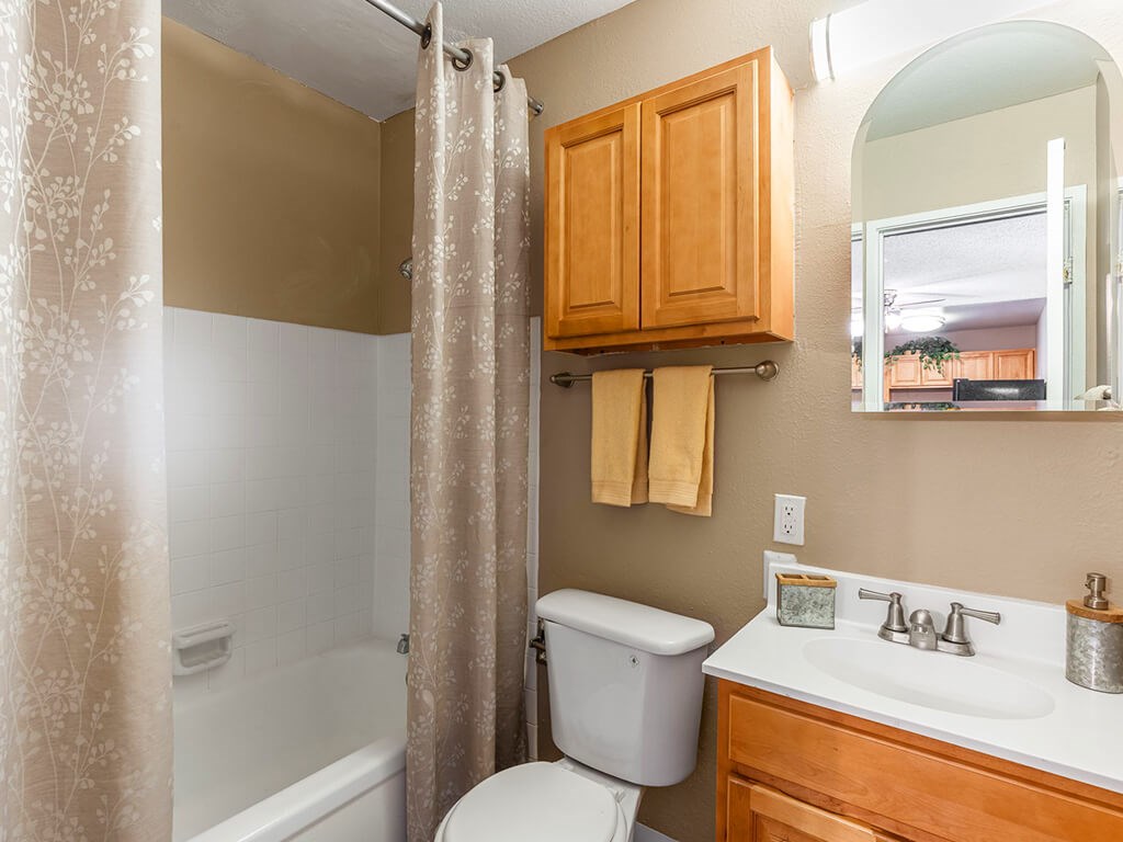 A bathroom with a toilet, sink, and shower curtain.