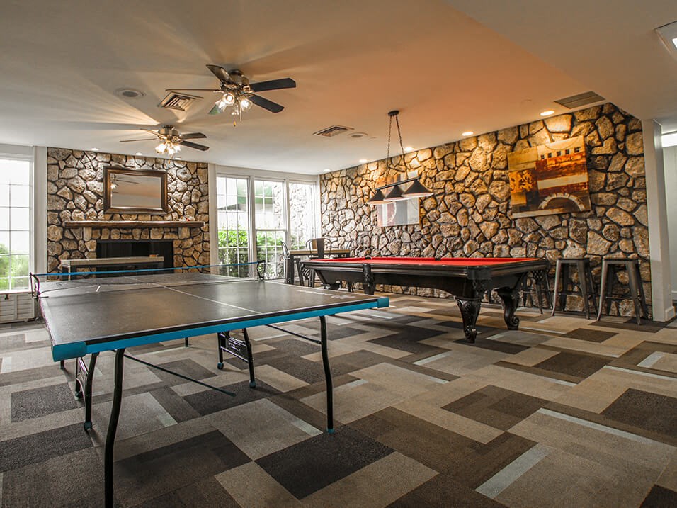 a game room with a pool table and ping pong