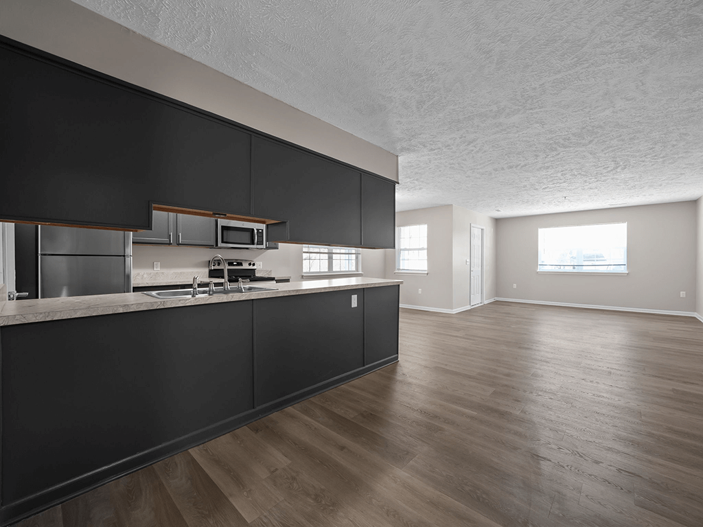 the view of a kitchen and living room with black cabinets