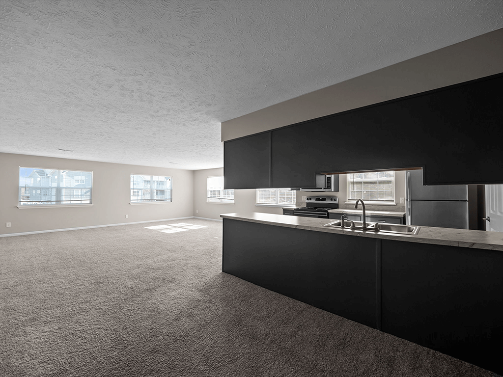an empty living room with a kitchen with black cabinets