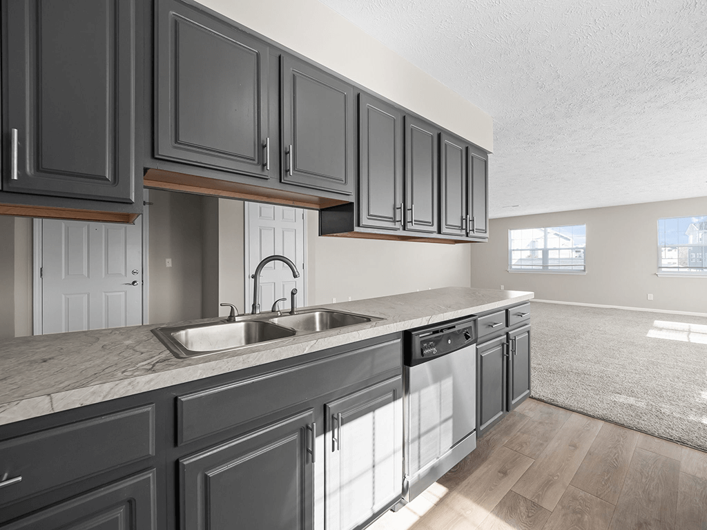 a large kitchen with black cabinets and a sink
