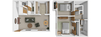A 3D floor plan of a small apartment with a kitchen, living room, and bathroom.