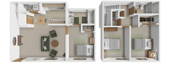 Two floor plans of a house with a living room, kitchen, and bedrooms.
