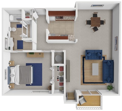 A top-down view of a small apartment with a bedroom, living room, and kitchen.