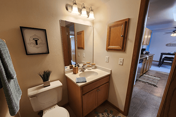 A bathroom with a toilet, sink, mirror, and a plant.