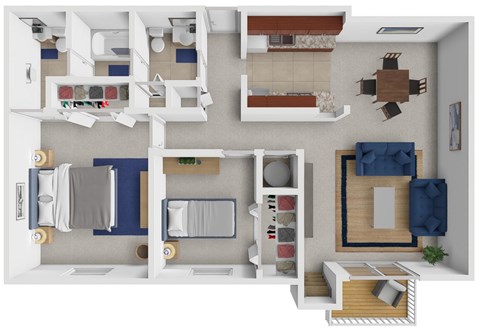 A 3D floor plan of a small apartment with a kitchen, living room, and bedroom.