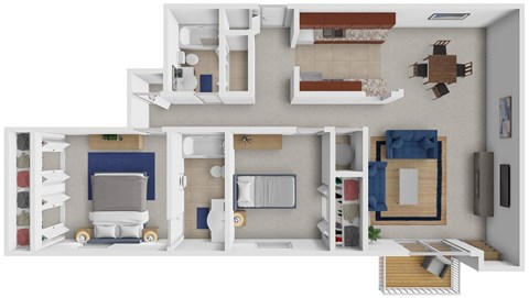 A 3D rendered image of a modern apartment layout.