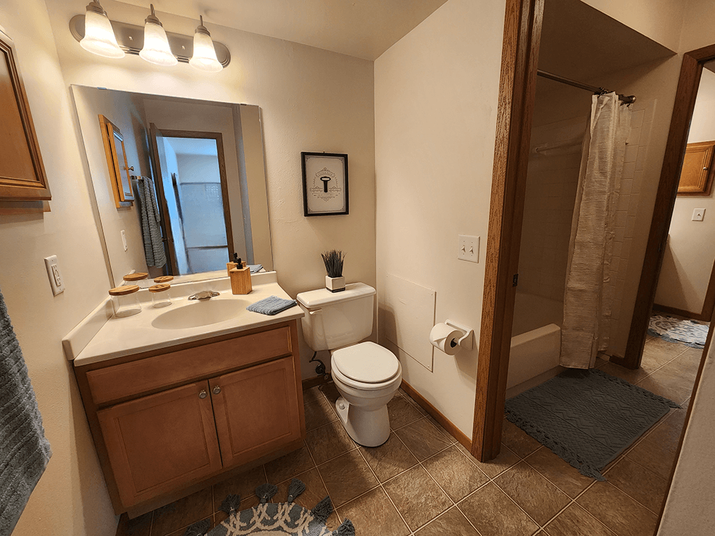 A bathroom with a toilet, sink, and mirror.