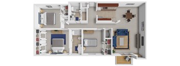 A top-down view of a small apartment layout with two bedrooms, a living area, and a kitchen.