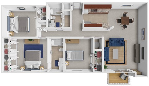 A top-down view of a small apartment layout with two bedrooms, a living area, and a kitchen.