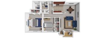 A 3D floor plan of a house with a kitchen, living room, and bedrooms.