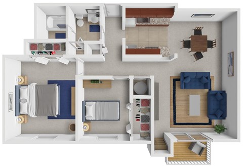 A 3D floor plan of a house with a kitchen, living room, and bedrooms.