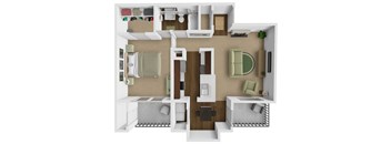 A top down view of a small apartment with a kitchen, living room, and bathroom.