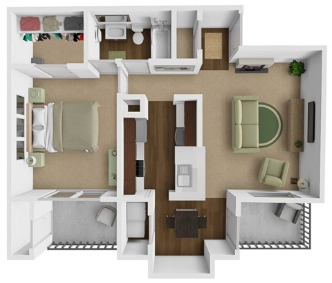 A top down view of a small apartment with a kitchen, living room, and bathroom.