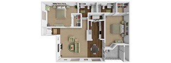 A 3D rendered image of a small apartment layout.