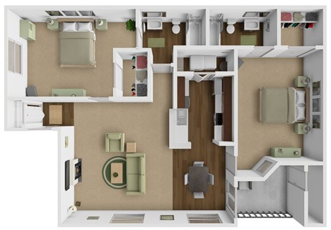 A 3D rendered image of a small apartment layout.