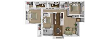 A 3D floor plan of a house showing a kitchen, living room, and bathroom.