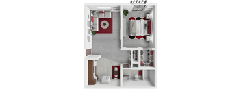 a 3d rendering of a bedroom with a bathroom and a living room