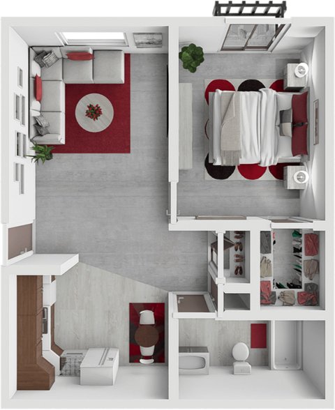 a 3d rendering of a bedroom with a bathroom and a living room