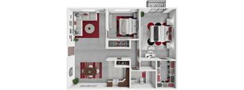 a 3d rendering of a bedroom and bathroom floor plan