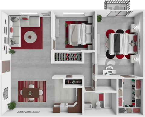 a 3d rendering of a bedroom and bathroom floor plan