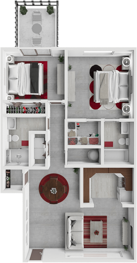 a 3d rendering of a bedroom and bathroom floor plan
