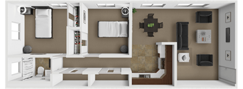 A modern bathroom with brown and white color scheme.