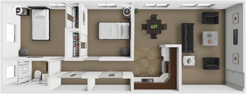 A modern bathroom with brown and white color scheme.