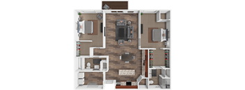 A 3D rendered image of a modern apartment layout.